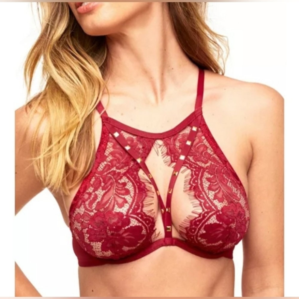 Adore Me Emmeline Red Unlined Lace Underwire Bra Gold Studs Romantic Flirty 34D